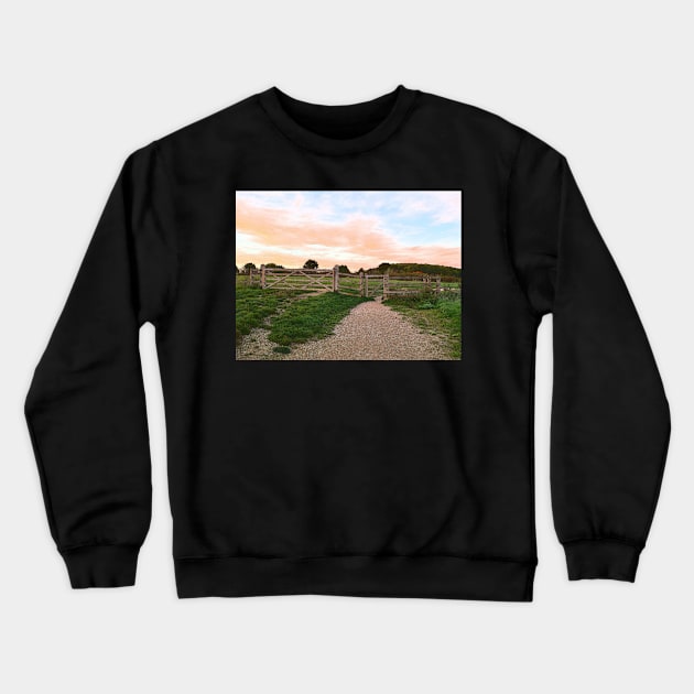 Gate and Golden sunset on the hill painting Crewneck Sweatshirt by fantastic-designs